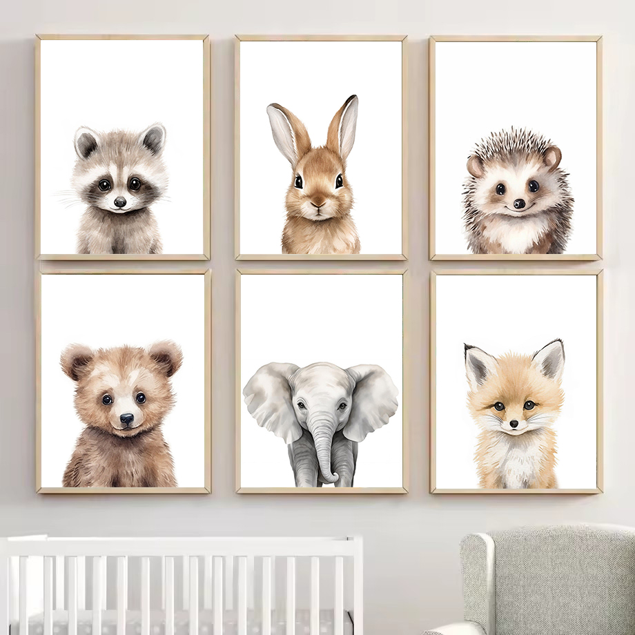 Baby Nursery Paintings - 1枚の水彩画の森の動物たち、子熊、ウサギ、アライグマのポスターカンバス絵画、壁の装飾、子供部屋の装飾