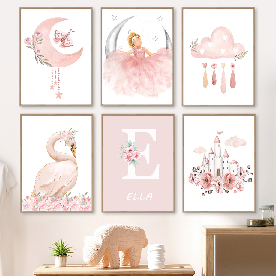 Baby Nursery Modern - ピンクの天使の女の子日月雲白鳥城壁アート保育園キャンバス絵画北欧ポスタープリント写真ベビーキッズルームの装飾