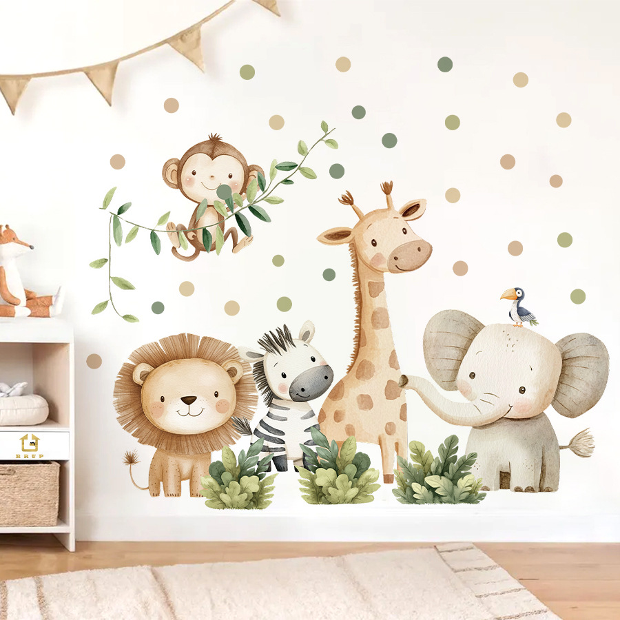 Baby Nursery Modern - 自由奔放に生きる森の動物ウォールステッカーキッズルーム用男の子女の子ベビールーム装飾保育園壁紙象キリン猿ライオン