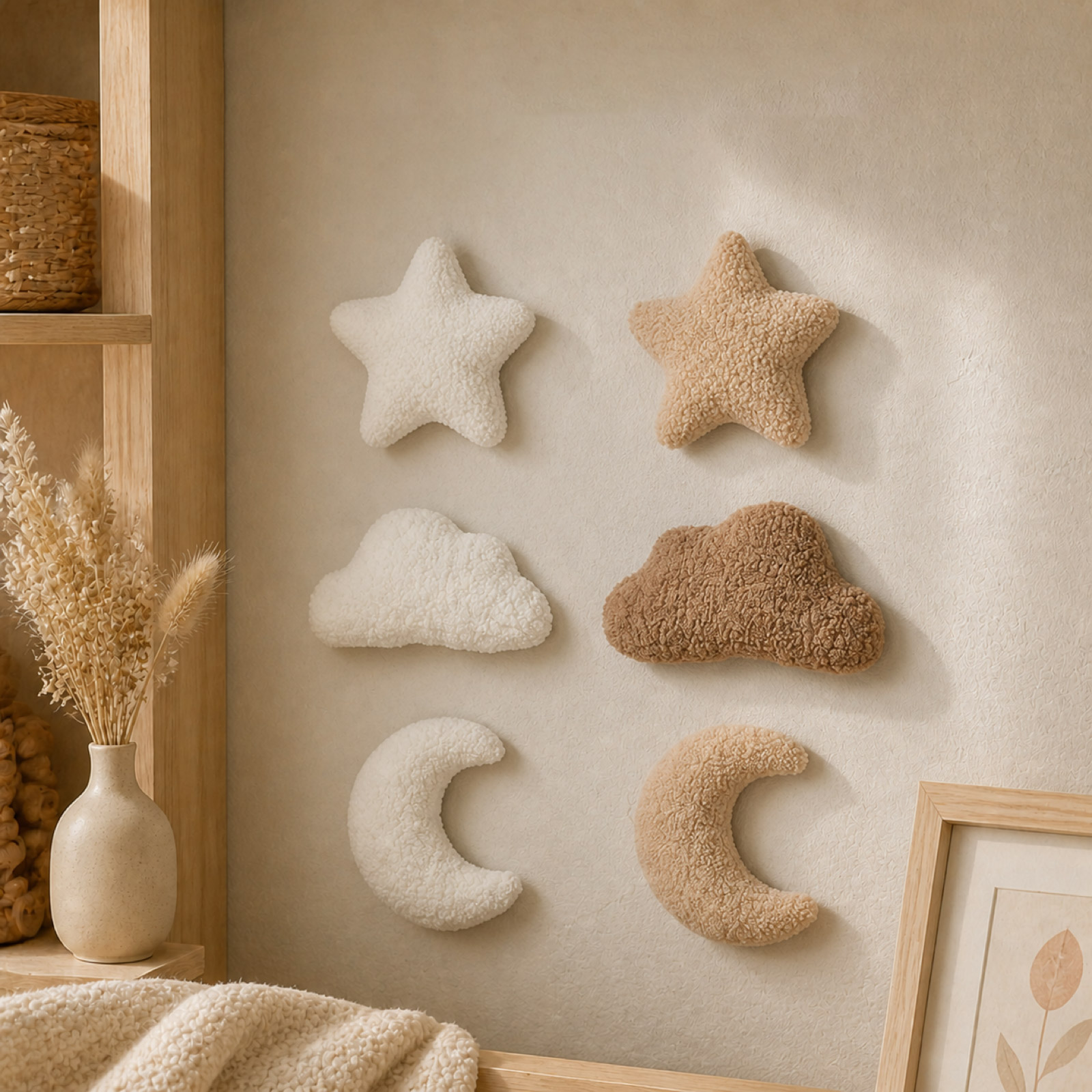 Baby Nursery Accent Wall - 3D立体ぬいぐるみの壁飾りセット。雲、星、月のモチーフで、ベビールーム、読書スペース、リビングスペース、誕生日の装飾に最適。柔らかい素材で、お部屋を優しく彩ります。