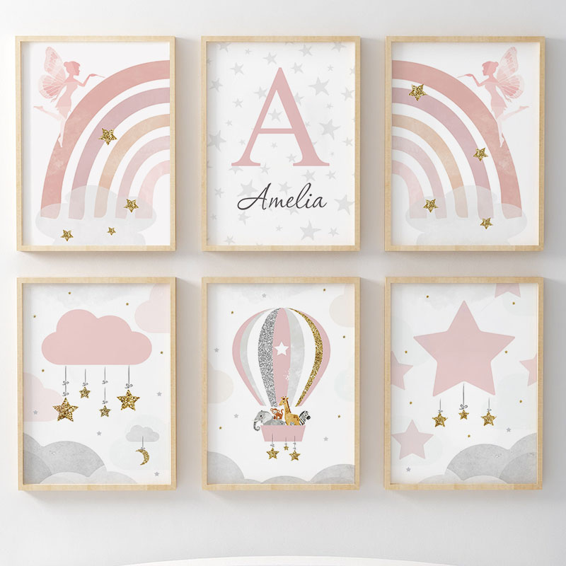 Baby Nursery Paintings - ピンクエンジェルガールレインボーウォールアート保育園キャンバスプリント絵画バルーンクラウドスター動物ポスター写真ベビーキッズルームデコレーション