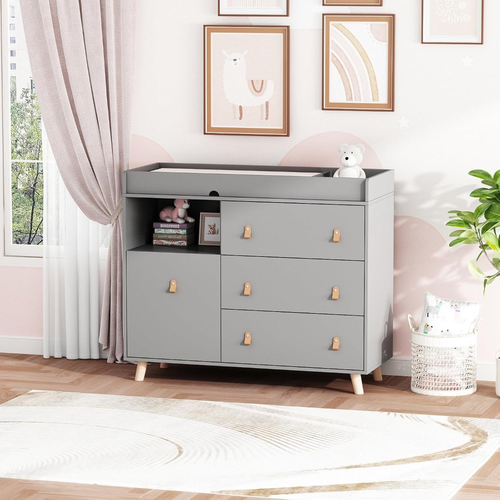 Baby Nursery Drawers - ベビードレッサー兼おむつ交換台、2in1ナーサリーチェスト、引き出し棚と隠しランドリーバスケット、乳児用収納ソリューション