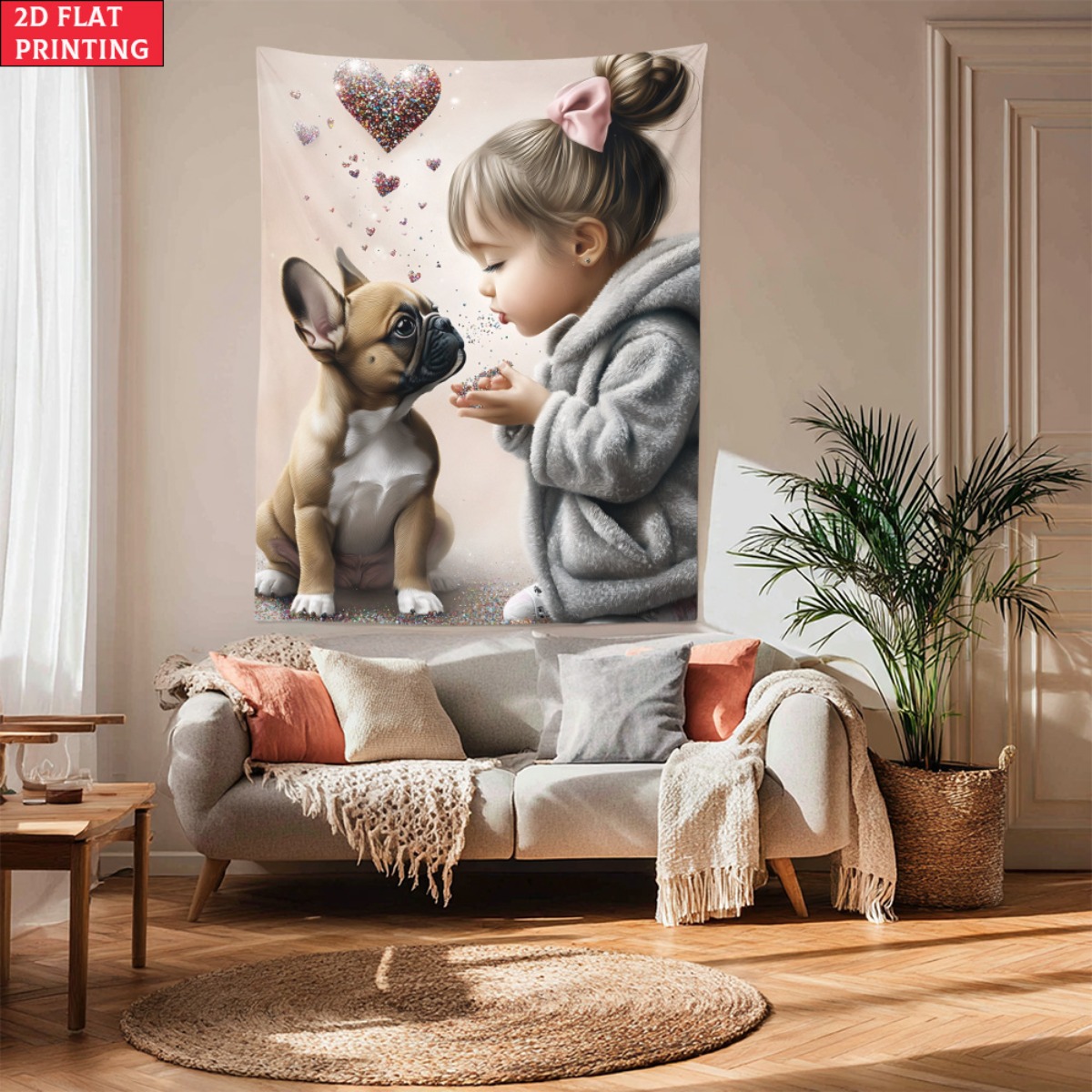 Baby Nursery Modern - フレンチブルドッグの子犬を持つ女の子 ハート愛タペストリー かわいいペットアート 寝室の壁の装飾 子供部屋 保育園