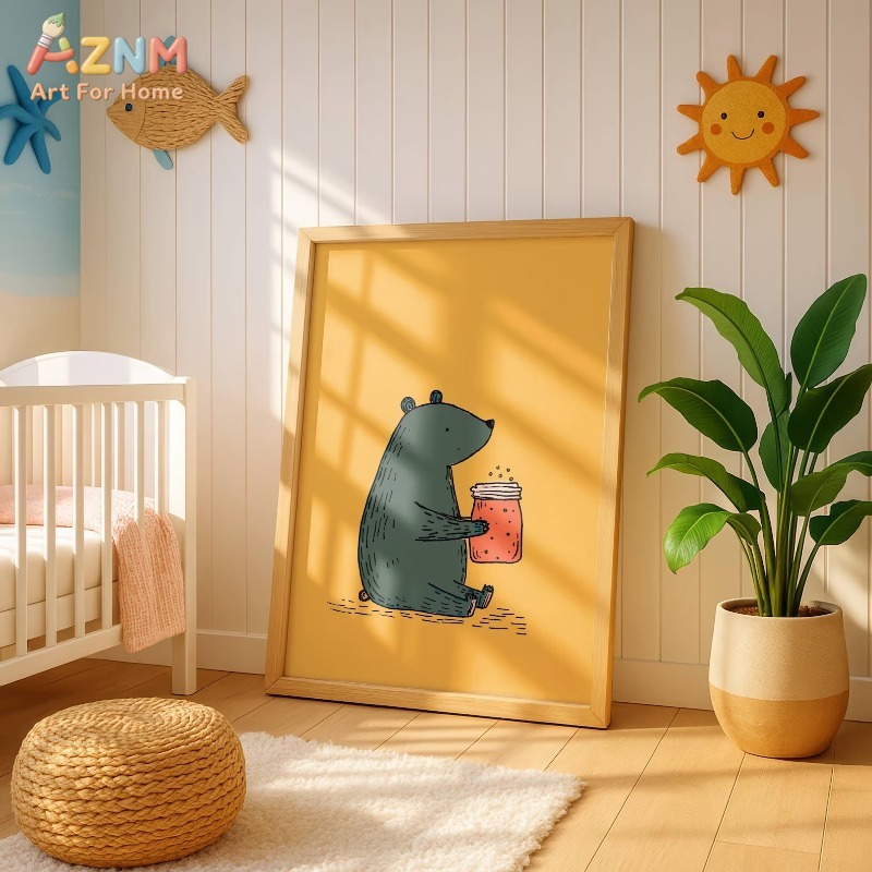 Baby Nursery Paintings - AZNM 漫画クマの蜂蜜瓶キャンバスウォールアート暖かい黄色の背景かわいいアニマルプリントフレームなしキャンバスボヘミアンキッズベビー保育園デコ