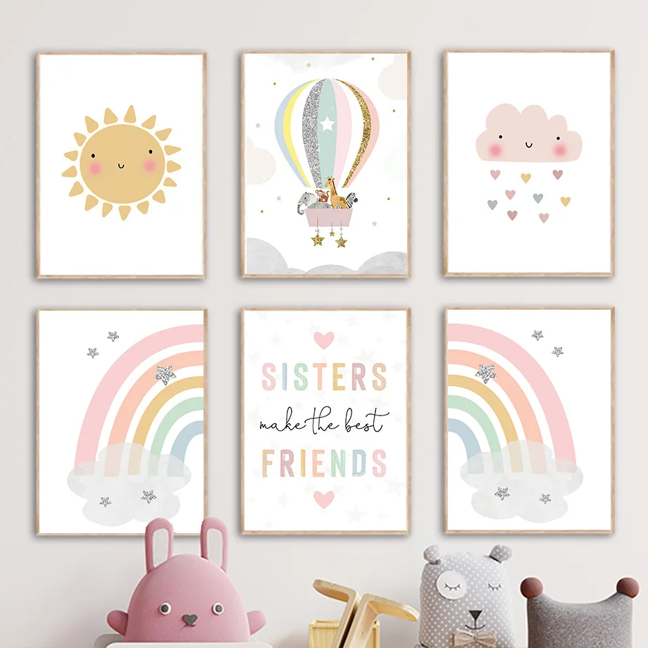 Baby Nursery Paintings - キリン象熱気球太陽虹保育園北欧ポスターやプリント壁アートキャンバス絵画画像ベビーキッズルーム装飾