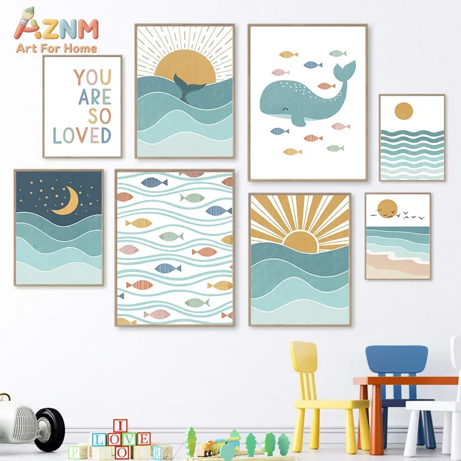 Baby Nursery Paintings - AZNM ボヘミアンオーシャンキャンバスウォールアート キュートなクジラ、魚、波、太陽、月、あなたはとても愛されていますプリント、額なしキャンバス絵画、ニュートラルなベビー向けN