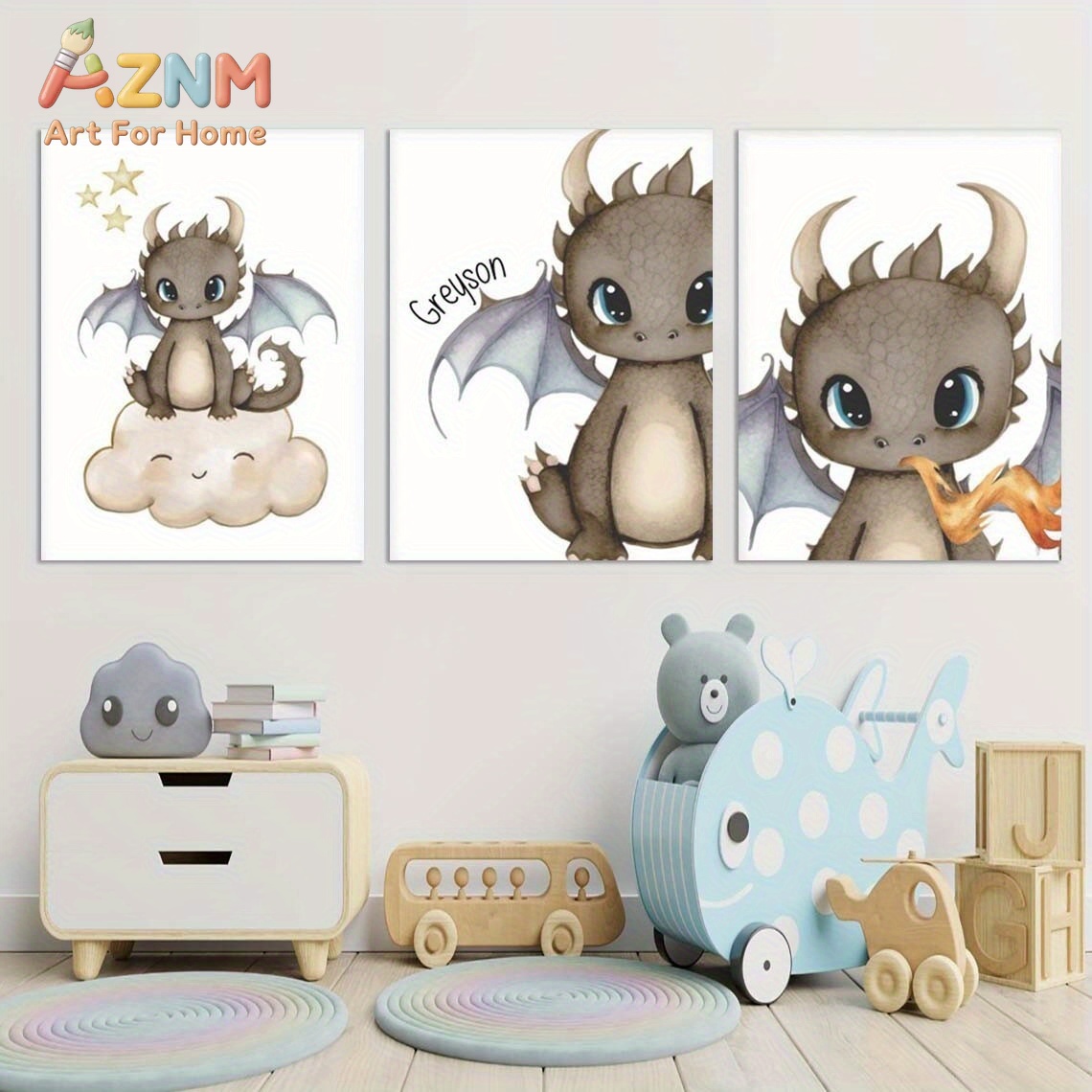Baby Nursery Paintings - AZNM かわいい赤ちゃんドラゴン キャンバスウォールアート 漫画ファンタジー生物 雲 星