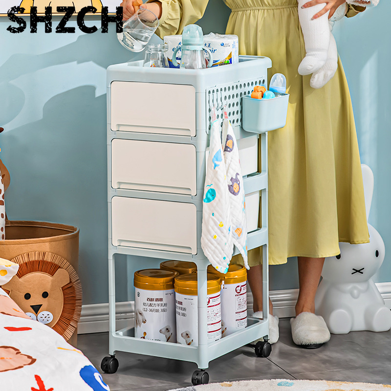 Baby Nursery Drawers - クリーム色のモバイル収納カート、ベビー用品や寝室用の引き出し付き多層ローリングオーガナイザー、防塵ベッドサイドナーサリーカート