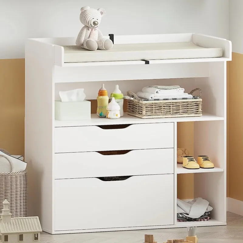 Baby Nursery Drawers - 現代的なミニマリストデザインのMDF製ホワイトベビーおむつ交換台（3つの引き出しと収納ラック付き）安全なベビー用化粧台キャビネット