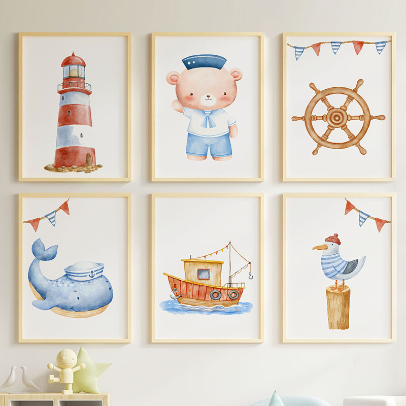 Baby Nursery Modern - クマクジラ帆船灯台航海保育園ポスターとプリントキャンバス絵画北欧壁アート写真ベビーキッズルーム装飾