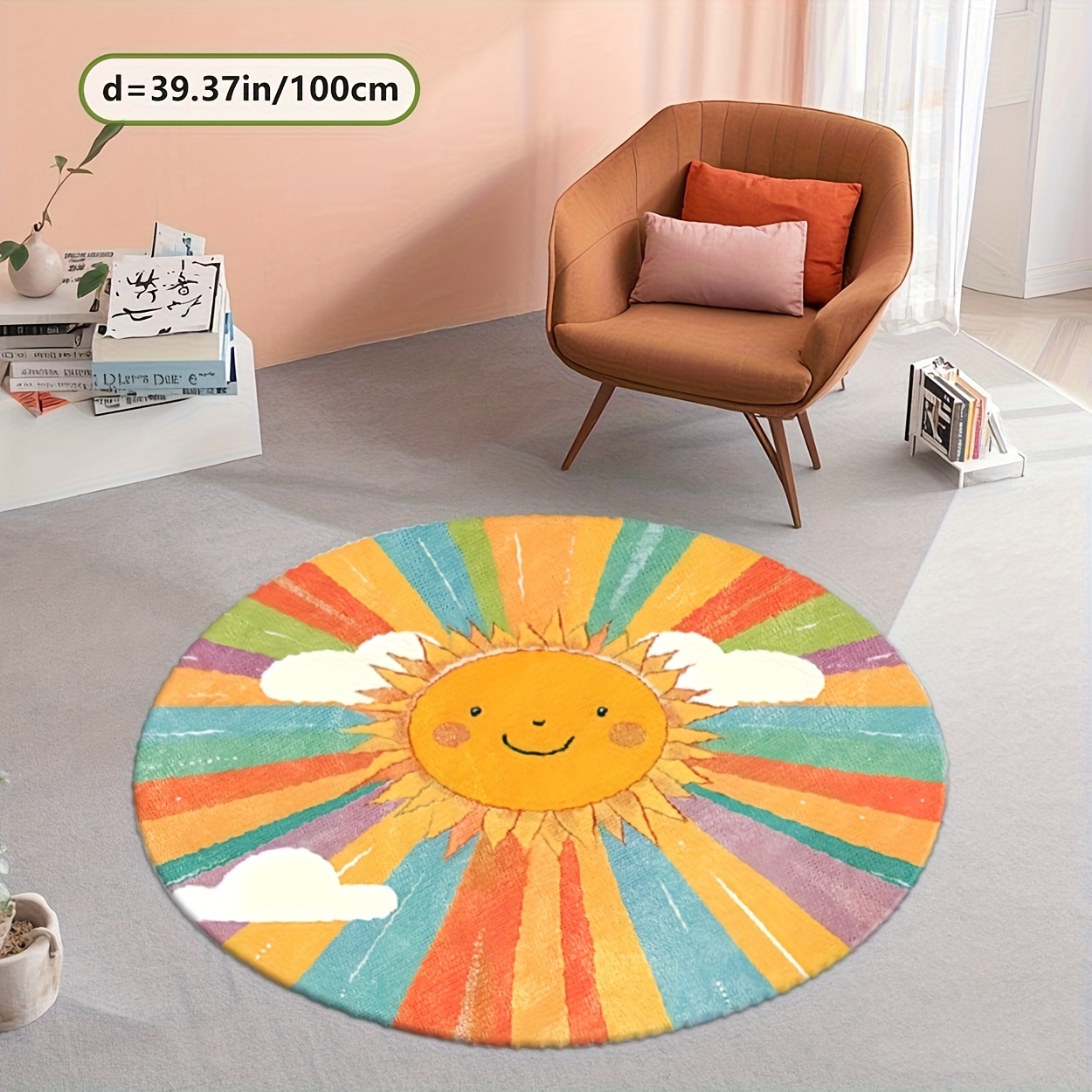 Baby Nursery Themes Boy - かわいい丸いサンレインボー柄のぬいぐるみラグマット、子供部屋の装飾、ボヘミアン風ふわふわカーペット、赤ちゃんの女の子と男の子向け、漫画テーマのリビングルームフロアマット