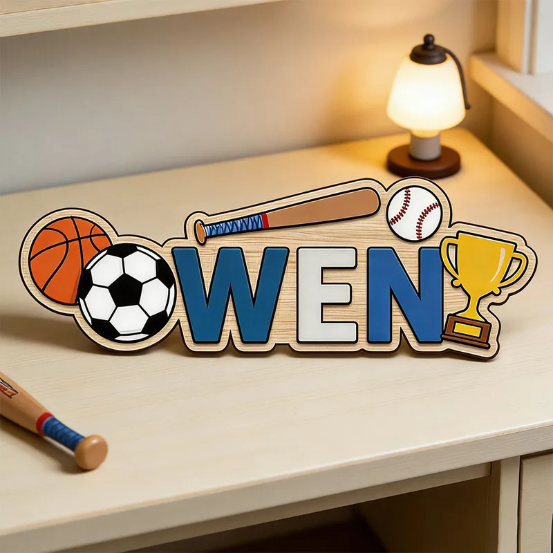Baby Nursery Themes Boy - スポーツボールトロフィーをテーマにしたカスタムネーム木製サイン 子供部屋保育園の壁飾り ベビーシャワー 誕生日プレゼント 男の子向け