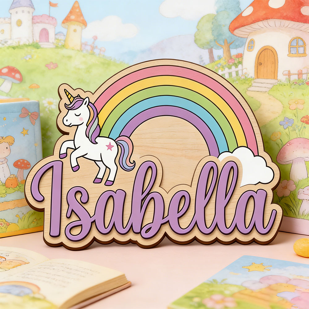 Baby Nursery Name Sign - ユニコーン＆パステルレインボー カスタムネームサイン 魔法の保育園ウォールアート 子供部屋用木製飾り板
