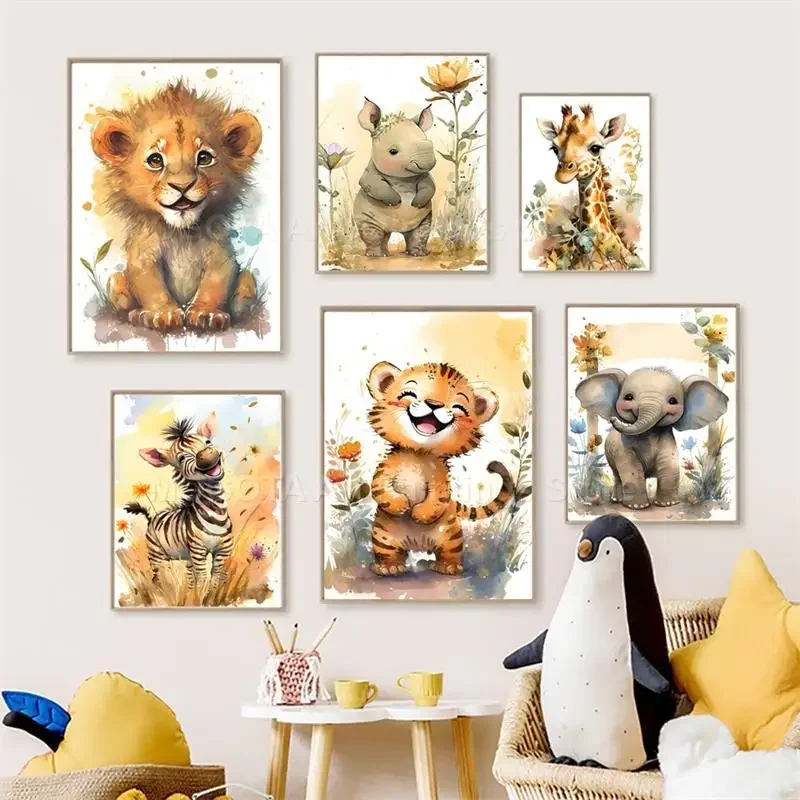Baby Nursery Paintings - 水彩ライオンキリン虎象シマウマ保育園壁アートキャンバス絵画動物ポスタープリント写真ベビーキッズルームの装飾