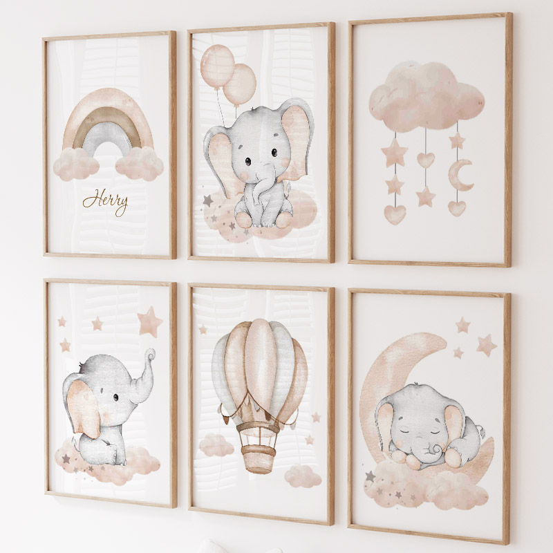 Baby Nursery Modern - かわいい象熱気球ムーン虹雲保育園壁アートキャンバス絵画ポスターやプリント写真ベビーキッズルームの装飾