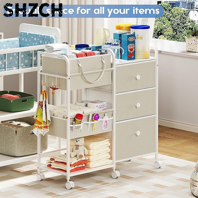 Baby Nursery Drawers - 大容量ベビーおむつオーガナイザーカート3段モバイル収納引き出し付きナーサリーローリングタワー