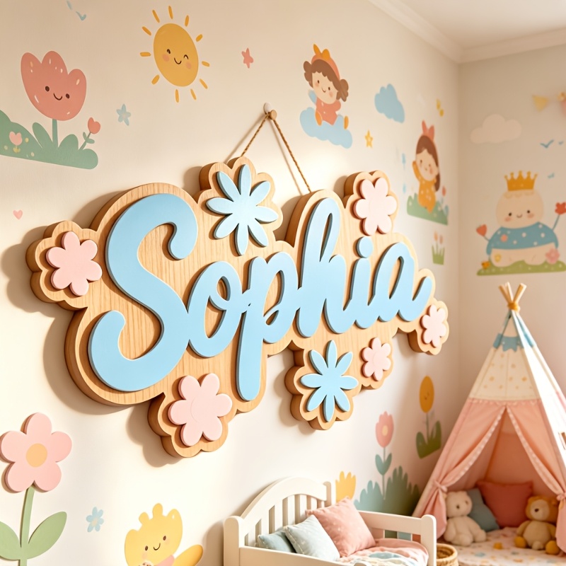 Baby Nursery Name Sign - パーソナライズされた花柄の名前入りルームサイン、カスタマイズ可能なパステルカラーの花柄ドア飾り、保育園や寝室の装飾、素敵な吊り下げ式ギフト