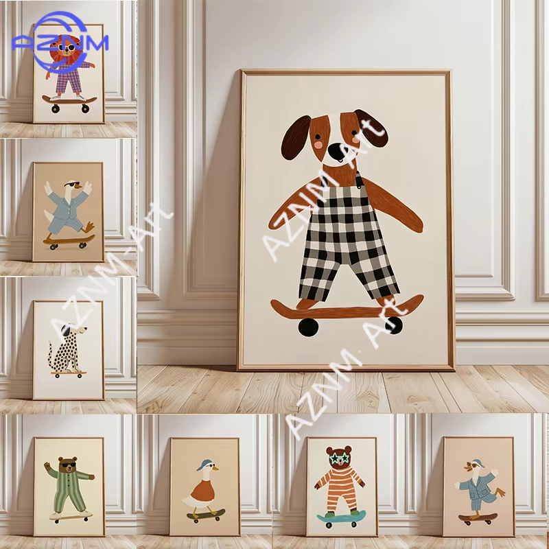 Baby Nursery Paintings - 1PC 面白い動物スケートボードポスタートレンディなガチョウアヒル犬スケートキャンバス絵画壁アートベビー保育室家の装飾用