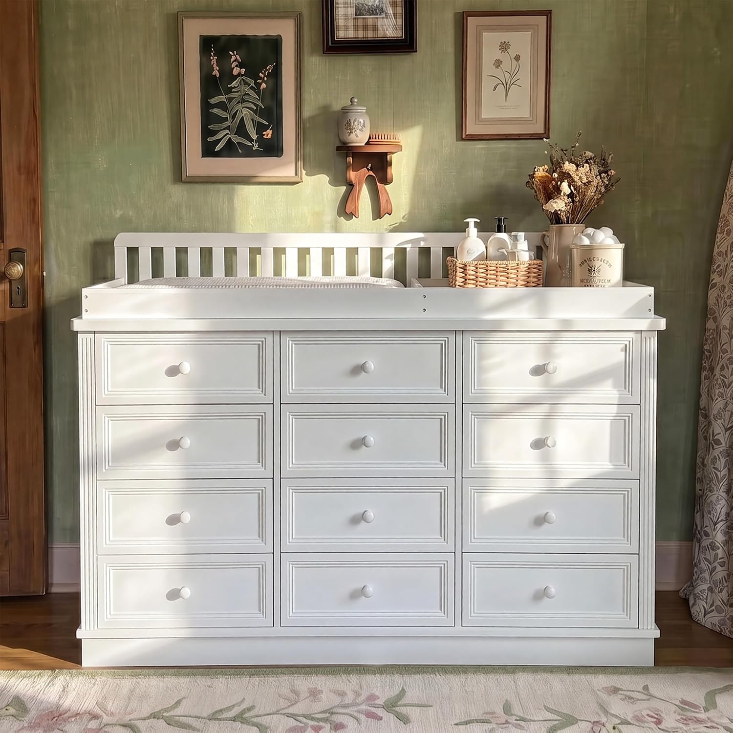Baby Nursery Drawers - ベビーおむつ交換台付きドレッサー、100%無垢材乳児用おむつ交換台コンボ、12段引き出しベビー用ナーサリードレッサー、カスタムメイド