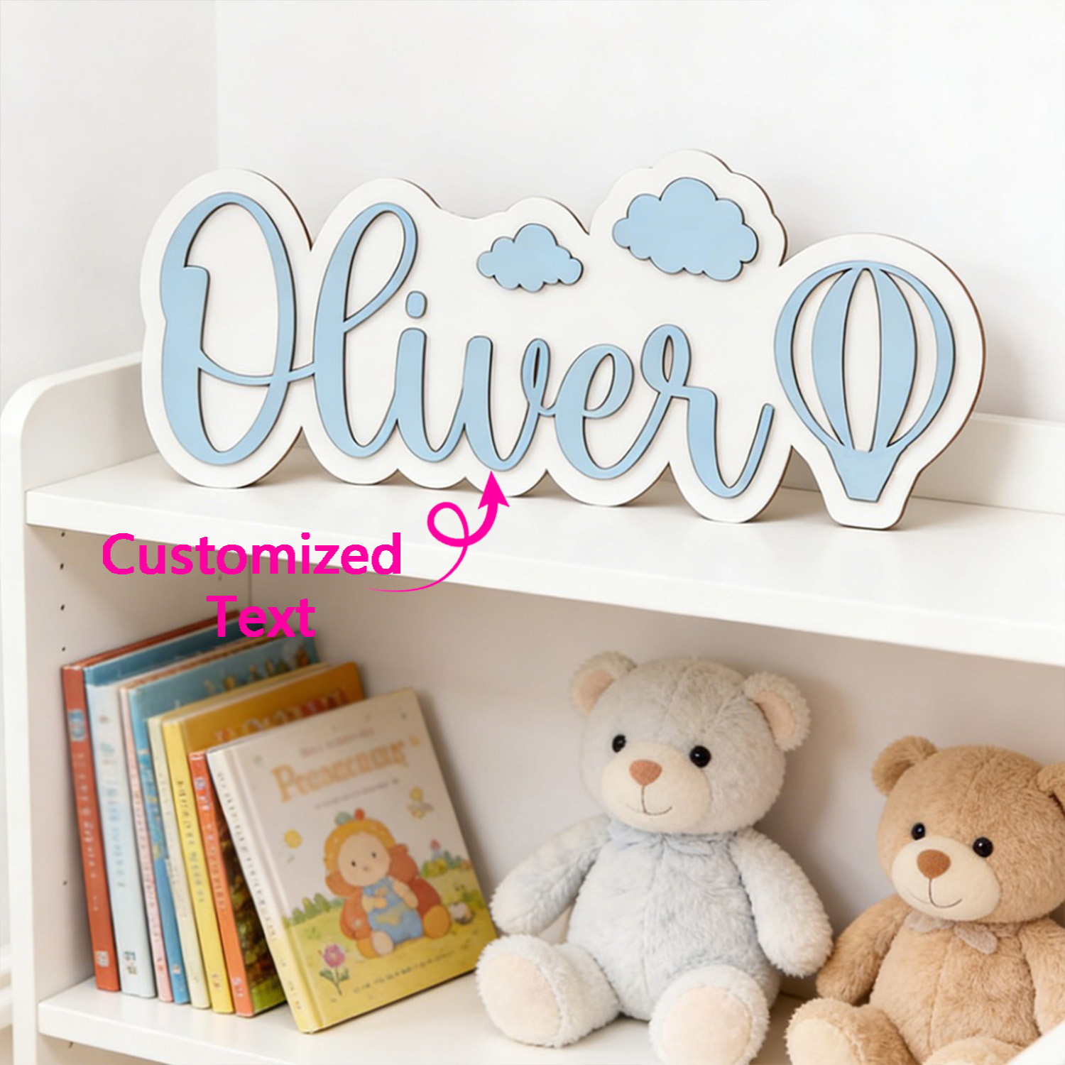 Baby Nursery Name Sign - パーソナライズされた熱気球と雲の名前入りルームサイン、カスタマイズ可能なパステルブルーの木製飾り板、保育園の寝室の装飾、素敵な贈り物