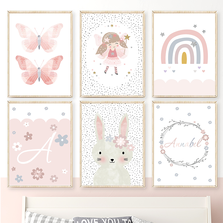 Baby Nursery Paintings - かわいい女の子ウサギ花蝶虹壁アートキャンバス絵画保育園ポスターとプリント壁の絵ベビーキッズルームデコレーション
