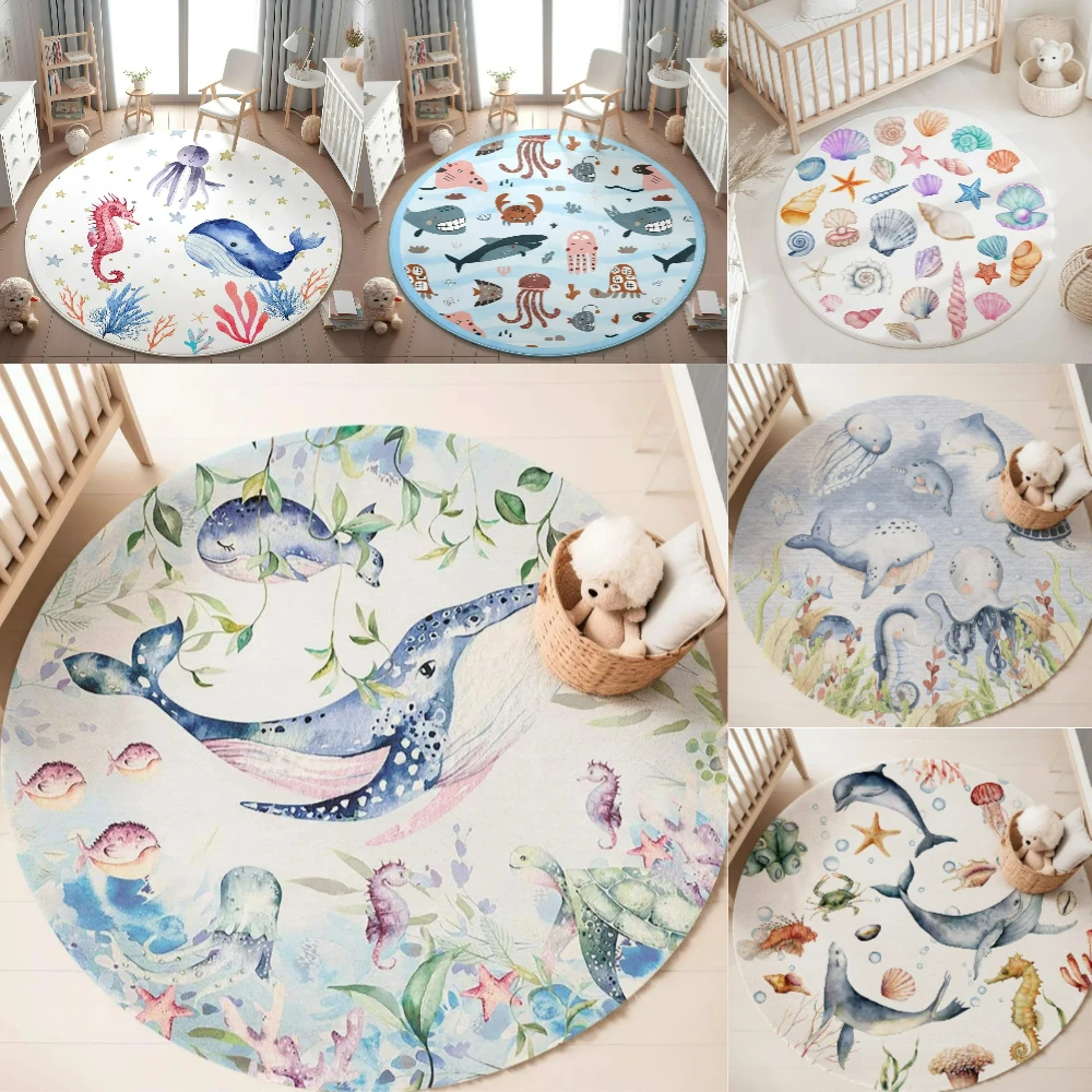 Baby Nursery Mat - ブルーマリンアニマルラウンドカーペット リビングルーム用 女の子の部屋 子供用プレイルームマット 寝室用ソフトラグ 保育園装飾