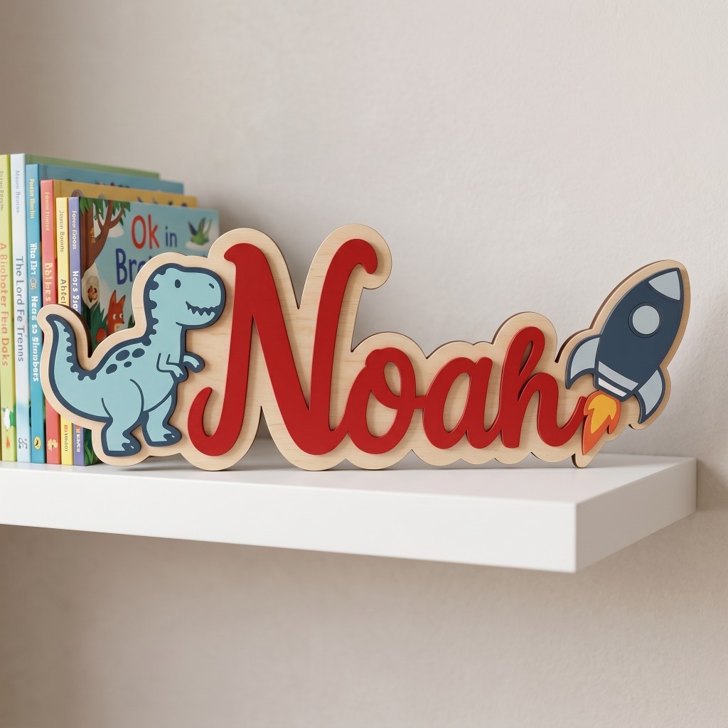 カスタム恐竜ロケット型木製ネームプレート、男の子の子供部屋の - Baby Nursery Themes Boy のレビューと価格
