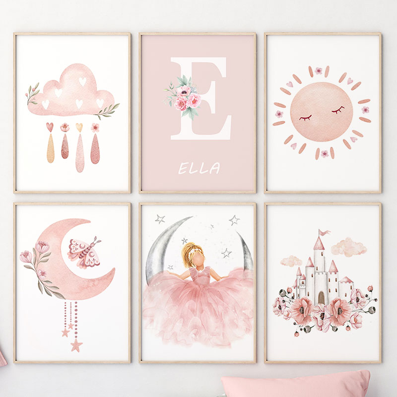 ピンクの天使の女の子日月雲白鳥城壁アート保育園キャンバス絵画 - Baby Nursery Modern のレビューと価格