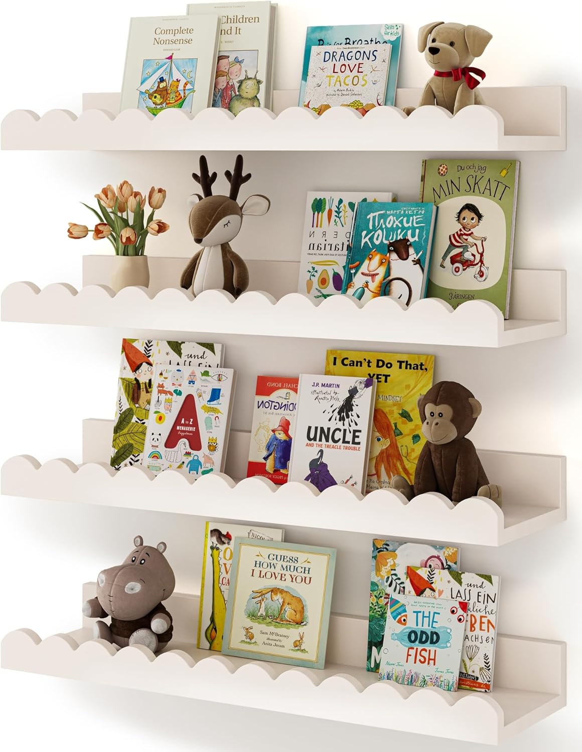 白い波型のフローティングキッズブックシェルフ4個セット、壁掛 - Baby Nursery Floating Shelves のレビューと価格