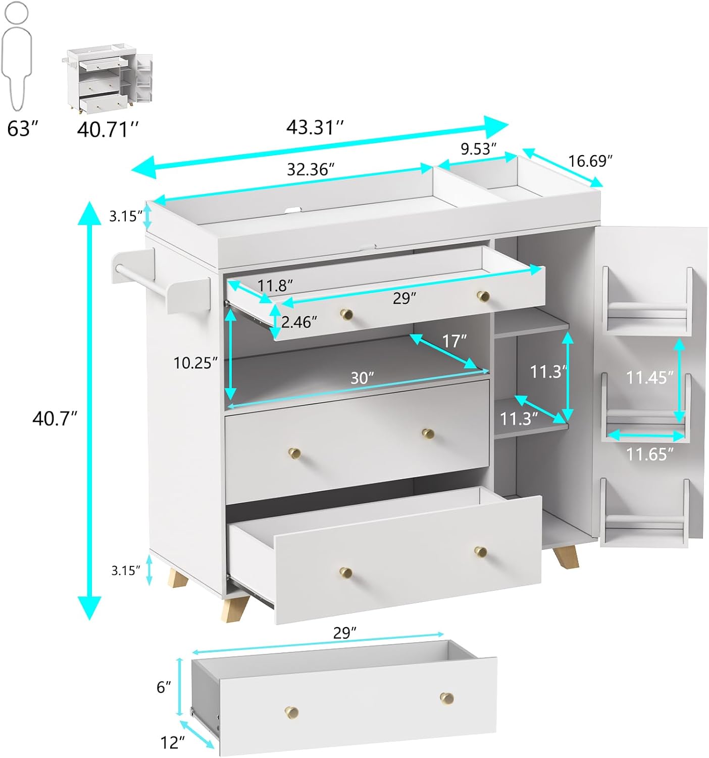 ベビーおむつ交換台、モダンなおむつ交換台、2つの引き出しと棚 - Baby Nursery Drawers のレビューと価格