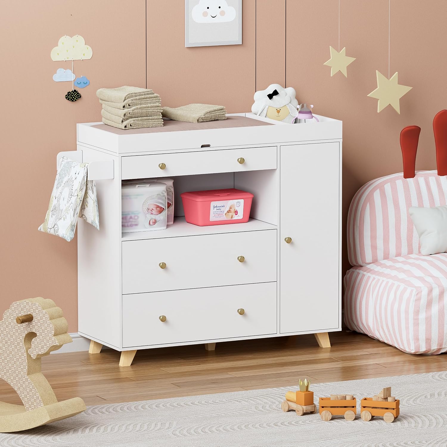 ベビーおむつ交換台、モダンなおむつ交換台、2つの引き出しと棚 - Baby Nursery Drawers のレビューと価格
