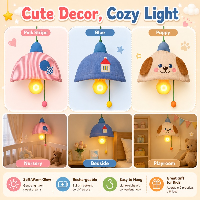 充電式吊り下げナイトライトファブリックシェードプルコードベッ - Baby Nursery Light Shade のレビューと価格