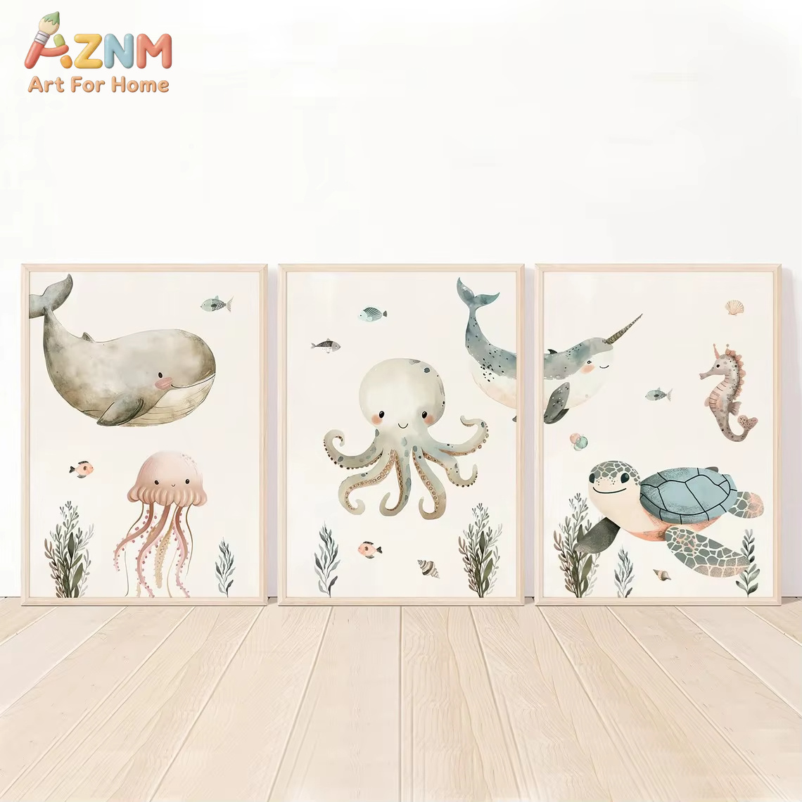 AZNM 水彩かわいい海洋動物キャンバスウォールアートクジラ - Baby Nursery Paintings のレビューと価格