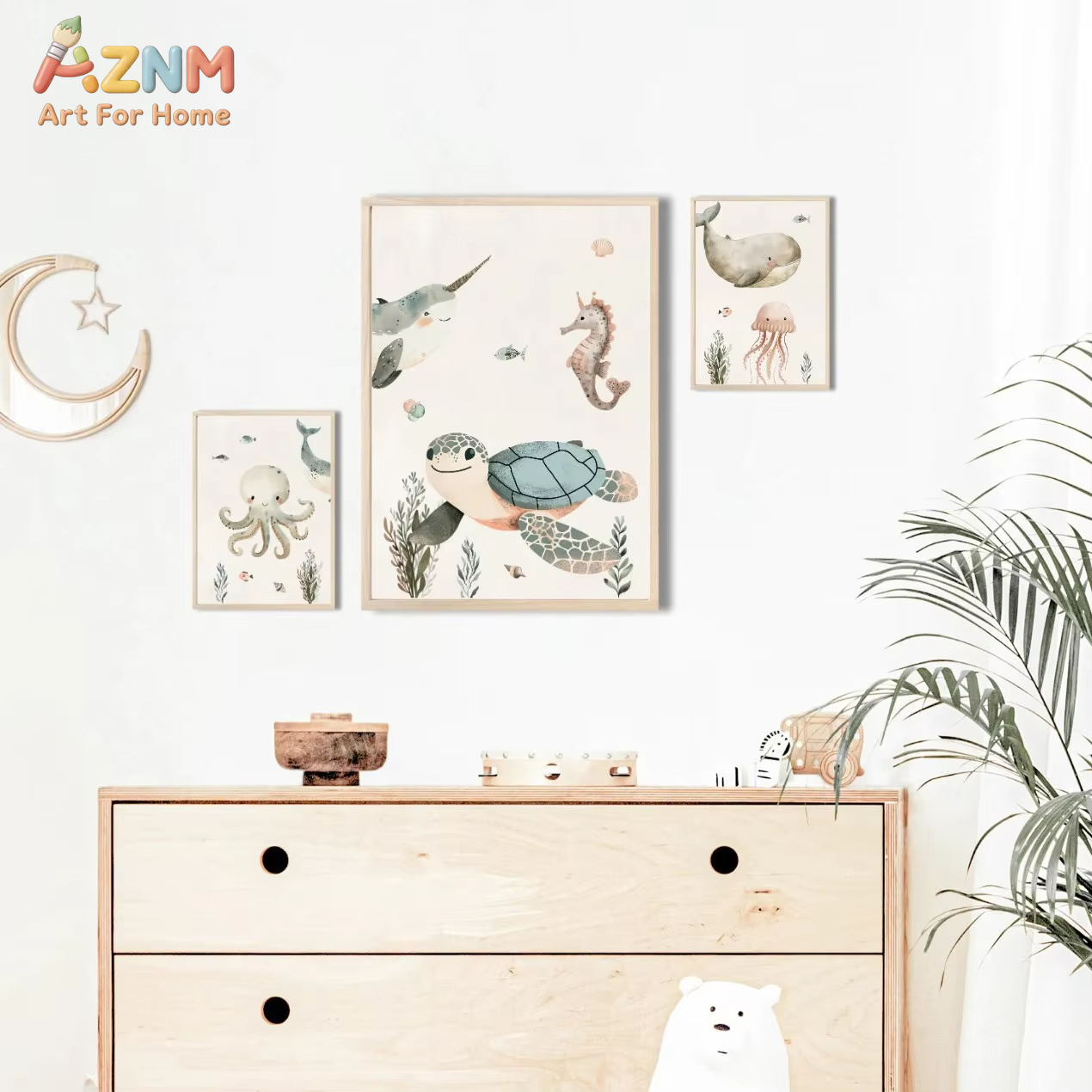 AZNM 水彩かわいい海洋動物キャンバスウォールアートクジラ - Baby Nursery Paintings のレビューと価格