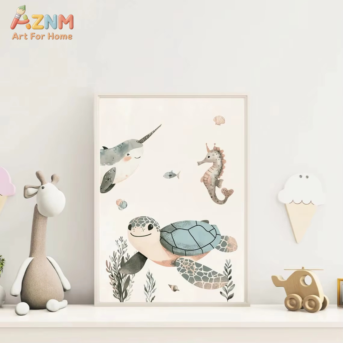 AZNM 水彩かわいい海洋動物キャンバスウォールアートクジラ - Baby Nursery Paintings のレビューと価格
