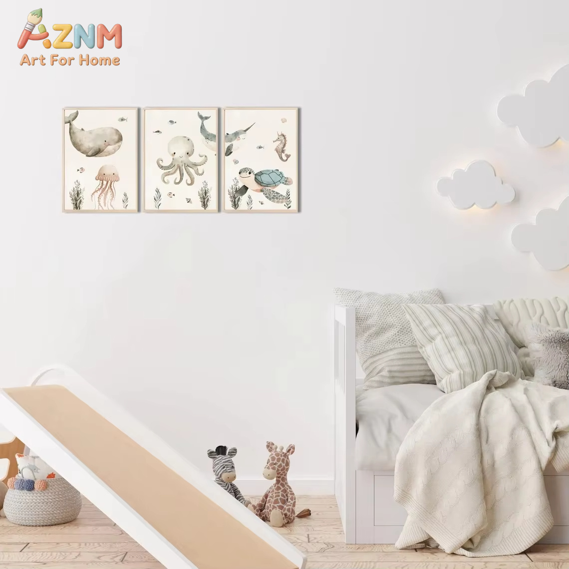AZNM 水彩かわいい海洋動物キャンバスウォールアートクジラ - Baby Nursery Paintings のレビューと価格