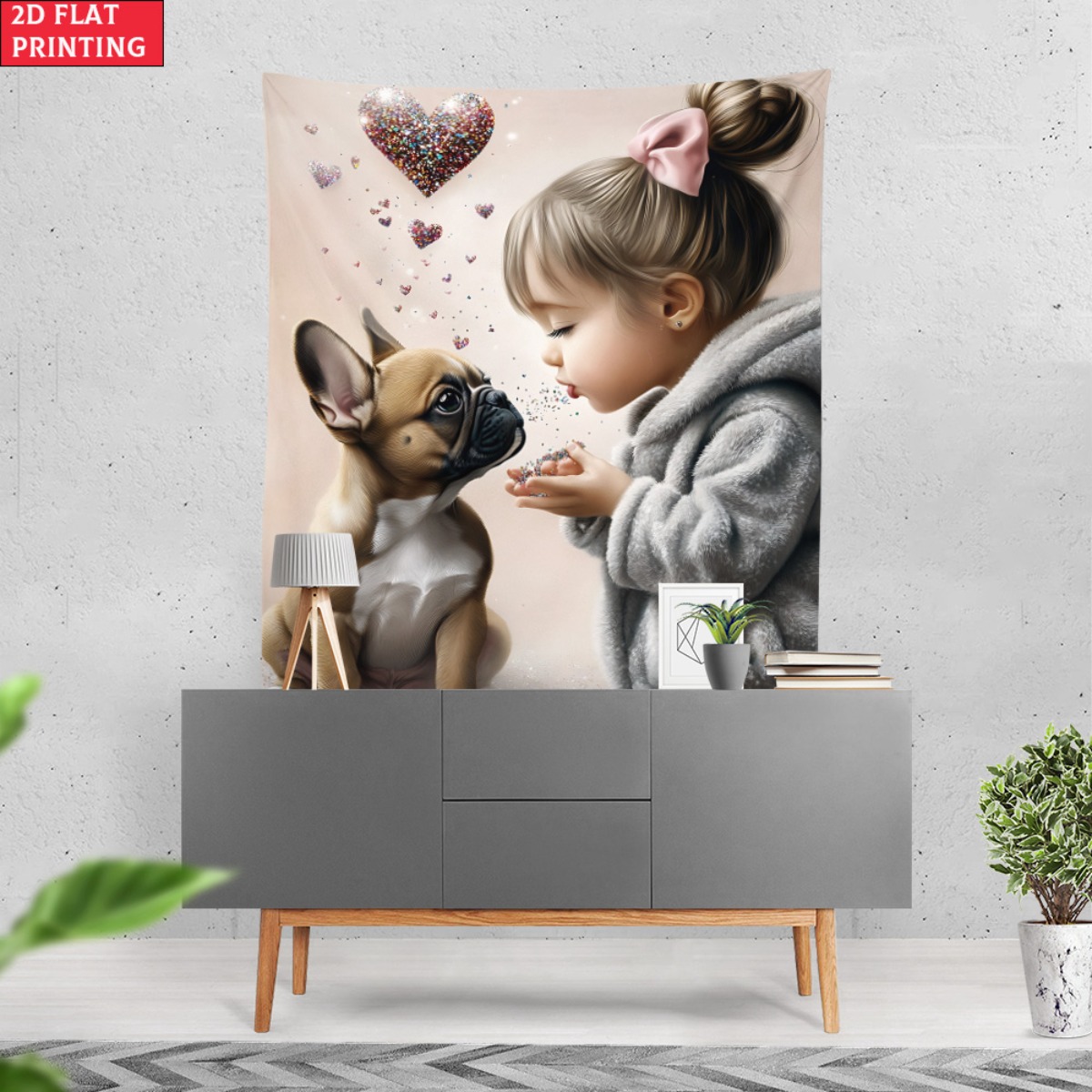フレンチブルドッグの子犬を持つ女の子 ハート愛タペストリー  - Baby Nursery Modern のレビューと価格