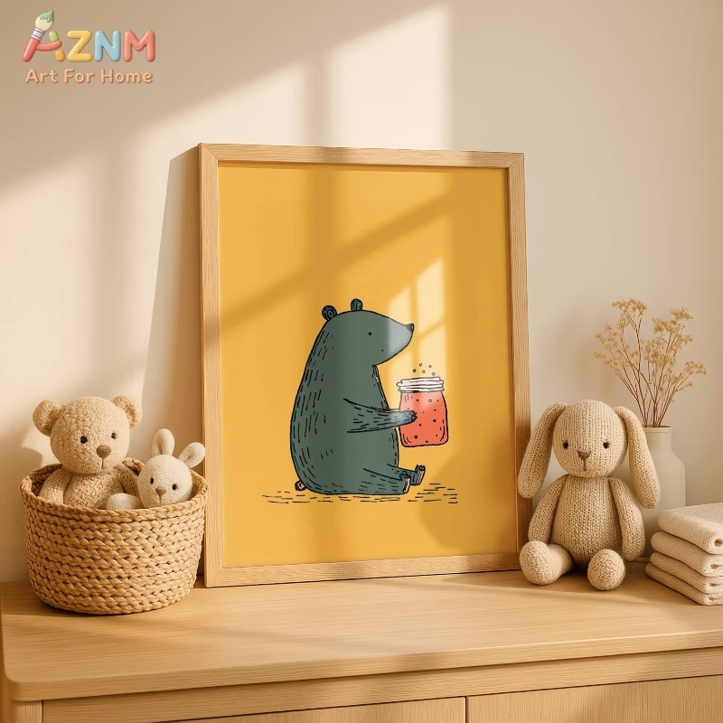 AZNM 漫画クマの蜂蜜瓶キャンバスウォールアート暖かい黄色 - Baby Nursery Paintings のレビューと価格