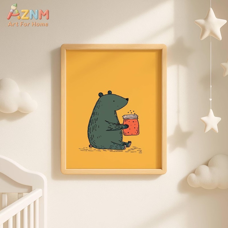 AZNM 漫画クマの蜂蜜瓶キャンバスウォールアート暖かい黄色 - Baby Nursery Paintings のレビューと価格