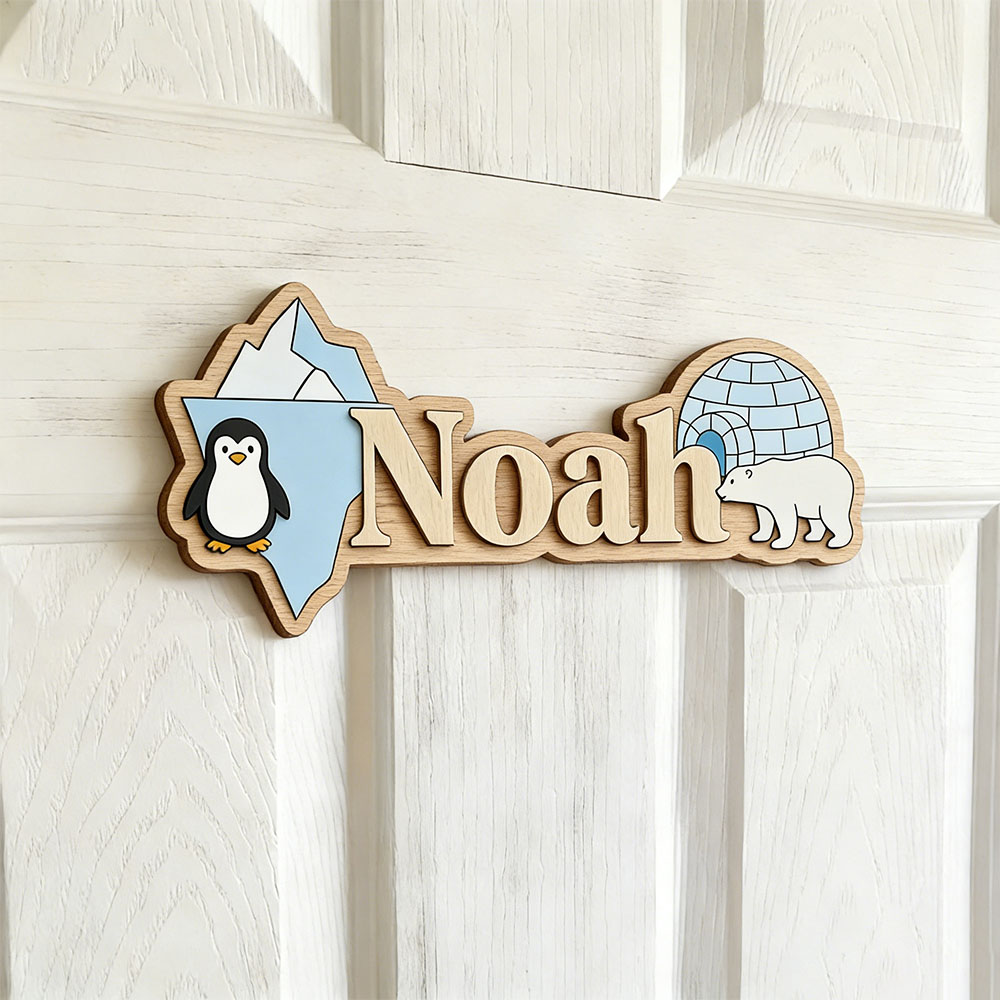 北極ペンギンとシロクマのカスタムネームサイン、氷の洞窟保育園 - Baby Nursery Name Sign のレビューと価格