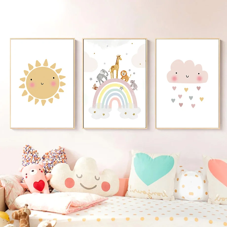 キリン象熱気球太陽虹保育園北欧ポスターやプリント壁アートキャ - Baby Nursery Paintings のレビューと価格