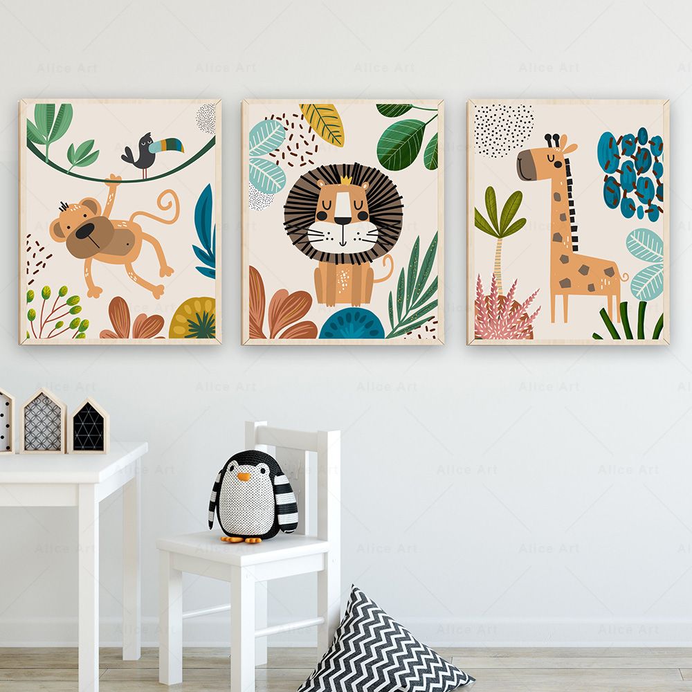 ボヘミアンスタイルの猿、ライオン、キリン、鳥、シマウマ、ゾウ - Baby Nursery Paintings のレビューと価格