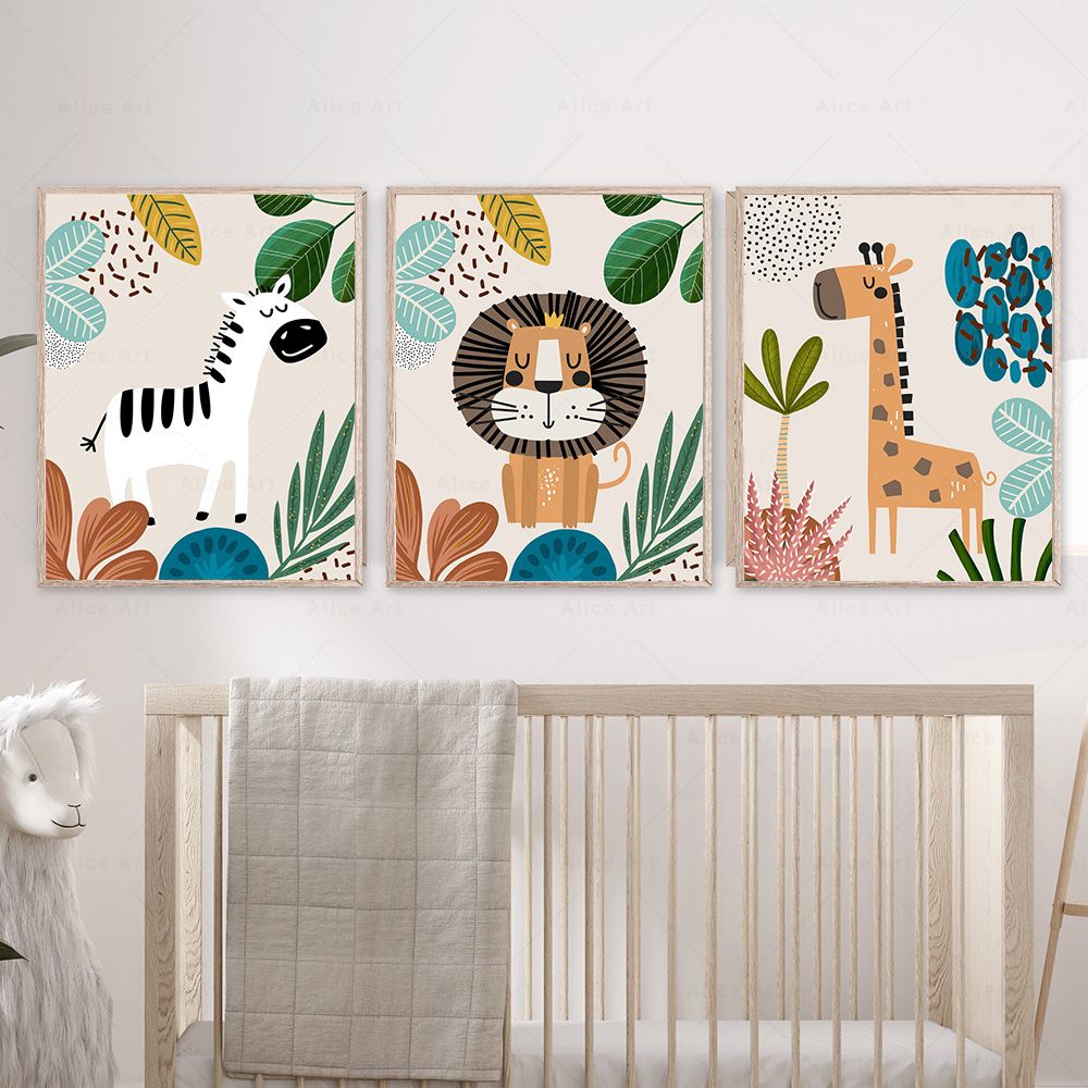 ボヘミアンスタイルの猿、ライオン、キリン、鳥、シマウマ、ゾウ - Baby Nursery Paintings のレビューと価格