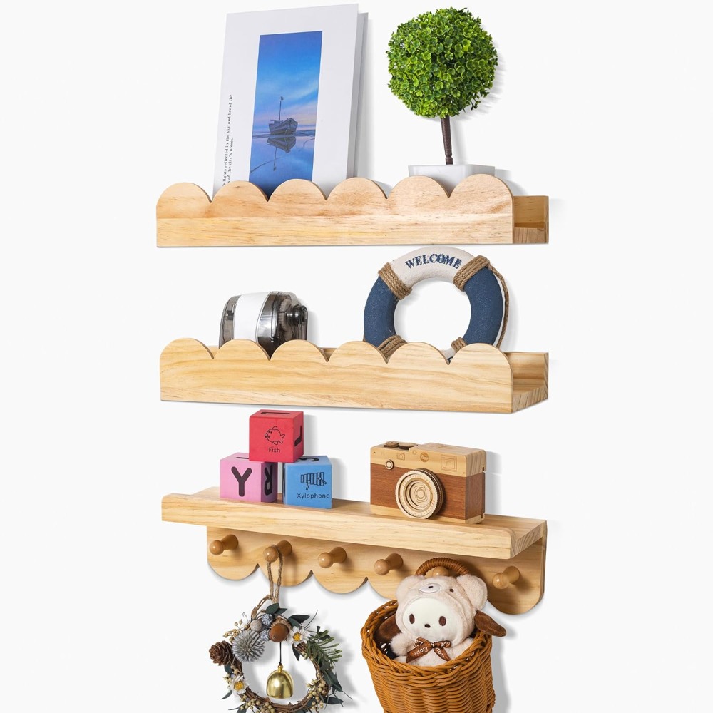 保育園の本棚 3個セット 木製壁掛け棚 子供用波型棚 寝室  - Baby Nursery Floating Shelves のレビューと価格