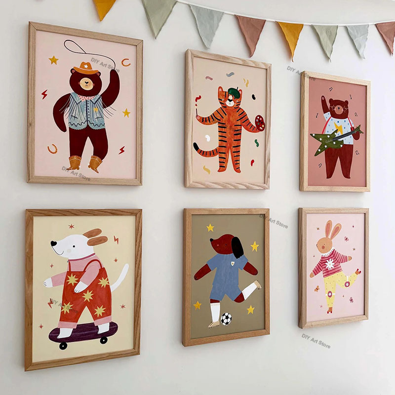 面白い漫画の動物の保育園用ウォールアートキャンバス絵画、クマ - Baby Nursery Paintings のレビューと価格