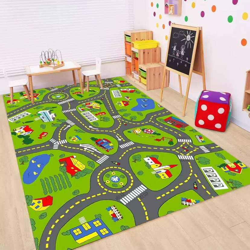 子供用道路交通カーペット漫画車おもちゃエリアラグ 男の子女の - Baby Nursery Mat のレビューと価格