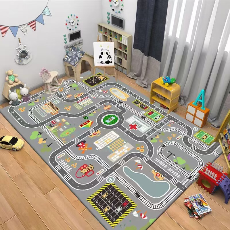 子供用道路交通カーペット漫画車おもちゃエリアラグ 男の子女の - Baby Nursery Mat のレビューと価格