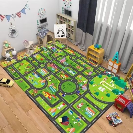 子供用道路交通カーペット漫画車おもちゃエリアラグ 男の子女の - Baby Nursery Mat のレビューと価格