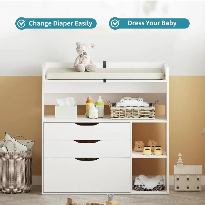 現代的なミニマリストデザインのMDF製ホワイトベビーおむつ交 - Baby Nursery Drawers のレビューと価格
