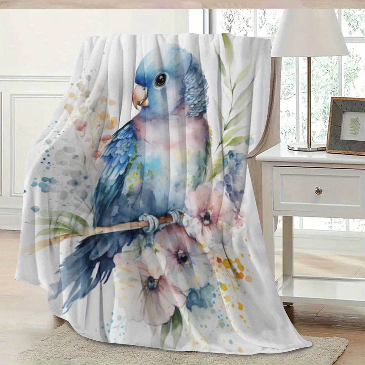 水彩画のオウム柄ブランケット、ボヘミアン風トロピカルバードア - Baby Nursery Accent Wall のレビューと価格